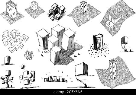 Viele handgezeichnete architektonische Skizzen einer modernen abstrakten Architektur und Einfamilienhäuser und städtebauliche Ideen oder Städte Stock Vektor