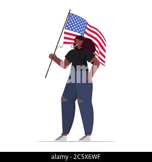 afrikanisch amerikanische Frau hält usa Flagge Mädchen feiern 4. Juli Unabhängigkeit Tag Konzept voller Länge isoliert Vektor Illustration Stock Vektor