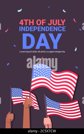 Mix Rasse menschliche Hände halten usa Fahnen Menschen feiern 4. Juli amerikanischen Unabhängigkeitstag Konzept vertikalen Vektor Illustration Stock Vektor