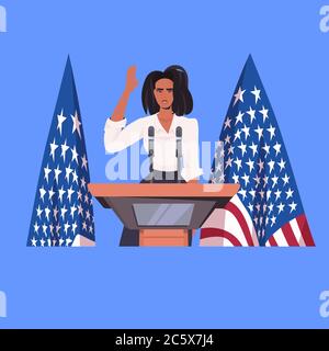 Weibliche Politikerin macht Rede von Tribüne mit usa Flagge 4. Juli american Independence Day Feier Konzept Porträt Vektor Illustration Stock Vektor