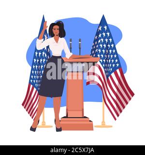 Weibliche Politiker, die Rede von Tribüne mit usa Flagge 4. Juli american Independence Day Feier Konzept voller Länge Vektor Illustration Stock Vektor