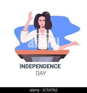 Weibliche Politikerin macht Rede von Tribüne mit usa Flagge 4. Juli american Independence Day Feier Konzept Porträt Vektor Illustration Stock Vektor