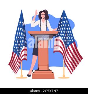 Weibliche Politiker, die Rede von Tribüne mit usa Flagge 4. Juli american Independence Day Feier Konzept voller Länge Vektor Illustration Stock Vektor