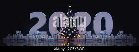 Weihnachtsbaum mit Geschenken, Weihnachtskonzept 2020. 3d-Rendering Stockfoto