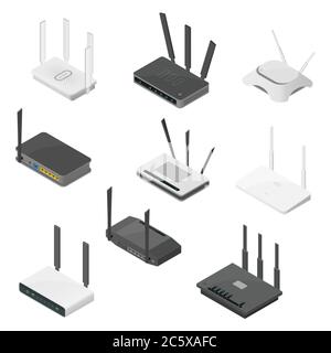 Isometrischer Routersatz. Isometrische realistische Vektorsymbole auf weißem Hintergrund isoliert. Stock Vektor