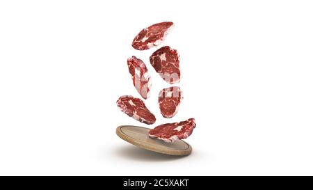 Fliegende rohe Steaks auf Holzbrett. 3d-Rendering Stockfoto