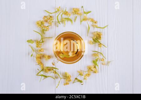 Draufsicht auf frischen Kräuterlinden Tee in durchsichtiger Glas Tasse mit trockenen Linden Blumen rund um auf weißem Holz Hintergrund mit Copyspace. Bio-Kräuter Stockfoto