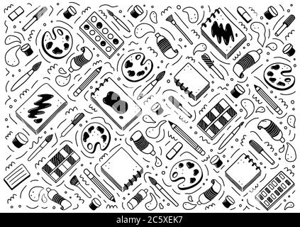 Handgezeichnete Set von kreativen Künstler-Tools Element, Pinsel, Bleistift, Farbe, Skizzenbuch, Marker. Doodle-Skizzenstil. Artist Element gezeichnet mit digitalem Stift. Vektor-Illustration für Banner, Symbol, Handwerk Design Stock Vektor