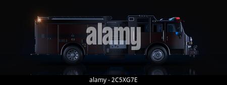 Fire Truck, Studio-Setup, auf dunklem Hintergrund. 3d-Rendering Stockfoto