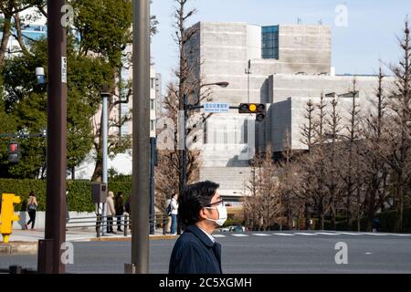 Ein Mann mit Gesichtsmaske an einer Kreuzung neben der Nationaldiätetische Bibliothek und dem Nationaldiätegebäude (Kokkai-gijidō).Tokio, Japan Stockfoto