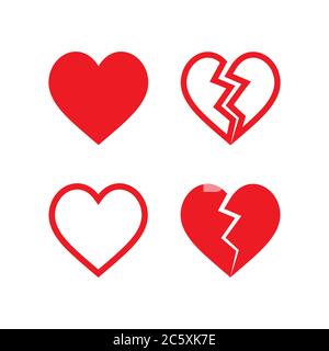 Icon Set rote Herz gebrochen Design flache Vektor Stock Vektor