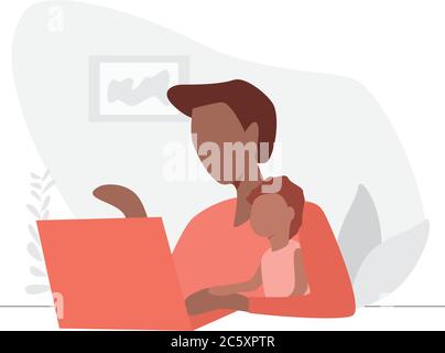 Frau, die mit ihrem Baby zu Hause am Laptop arbeitet Stock Vektor