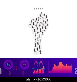 Karte der Benin-Bevölkerung. Detaillierte Vektordarstellung. Gemischte Menge von Männern und Frauen Ikonen. Infografik zur Population. Vektordarstellung isoliert auf Whi Stock Vektor