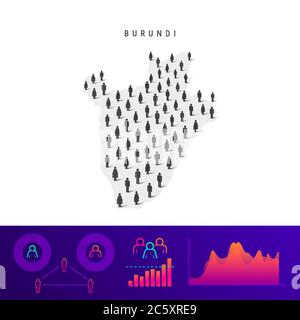 Burundi Karte. Detaillierte Vektordarstellung. Gemischte Menge von Männern und Frauen Ikonen. Infografik zur Population. Vektordarstellung isoliert auf w Stock Vektor