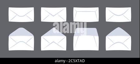 Umschlagset für Büro. Öffnen und Schließen der Papierposthülle. Briefumschläge für Buchstaben Cartoon flache Sammlung. Newsletter oder Lieferung von Korrespondenz, Unterlagen. Isolierte Vektordarstellung Stock Vektor