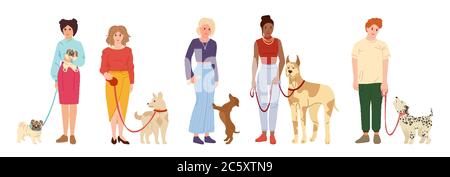 Menschen, die Hunde gehen. Niedliche Haustier flach Cartoon-Set. Mädchen oder Junge spielen mit Hund, Outdoor-Aktivitäten. Mops, Dackel oder dalmatiner. Auf weißem Hintergrund isolierte Vektorgrafik Stock Vektor