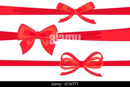 Satinband rot mit Schleifen flach Set verziert. Valentinstag oder Hochzeit oder Weihnachten verziert Bögen. Cartoon Design Elemente für Gegenwart, Feier und Gratulation. Isolierte Vektordarstellung Stock Vektor