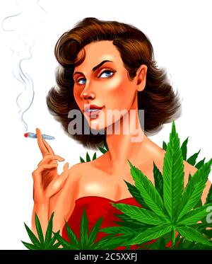 Hübsche Frau, die Marihuana-Joint raucht. Digitale Illustration Stockfoto