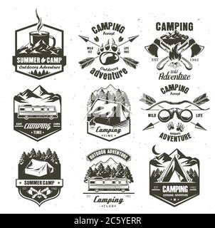 Camping Vintage-Logo-Set, Vektor monochrome Illustration Stock Vektor