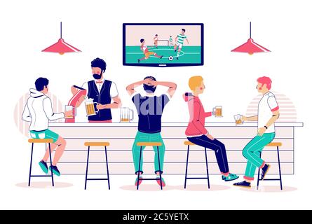 Bierkneipe Besucher beobachten Fußballspiel im fernsehen, Vektor-flache Illustration Stock Vektor