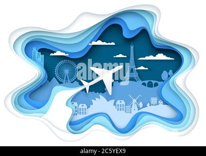 Flugreisen Konzept Vektor geschichteten Papier Schnitt Stil Illustration Stock Vektor