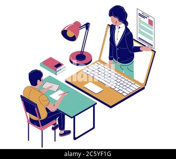 Online-Bewerbungsgespräch, Vektor flach isometrische Illustration Stock Vektor