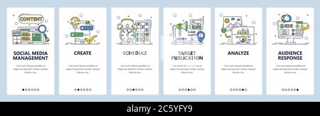 Verwaltung sozialer Medien. Mobile App Onboarding Bildschirme, Vektor-Website Banner Vorlage Stock Vektor