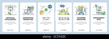 Künstliche Intelligenz und Marketing. Mobile App Onboarding Bildschirme, Vektor-Website Banner Vorlage Stock Vektor