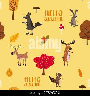 Herbst Wald niedlichen Tiere nahtlose Muster mit Bäumen Blätter Stock Vektor