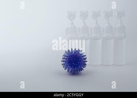 Abstraktes Modell einer blauen Virusinfektion und Medizin in einer Ampulle auf grauem Hintergrund. Pandemierisiko. Stockfoto