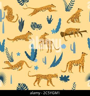 Nahtloses Muster mit Leoparden in verschiedenen Posen mit tropischen Blättern, Pflanzen, Säugetieren, Raubtieren, Dschungel Stock Vektor