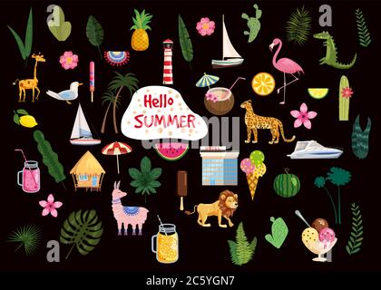 Set von niedlichen trendigen hallo Sommer Ikonen Essen, Getränke, Kaktus, Blumen, Palmblätter Stock Vektor
