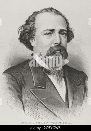 Adelardo López de Ayala (1828-1879). Dramaturgo y político liberal español. Redactó el manifiesto de la Revolución de 1868. Fué elegido presidente del Congreso en 1878. Dibujo por Badillo. Grabado por Carretero. La Ilustración Española y Americana,1878. Stockfoto