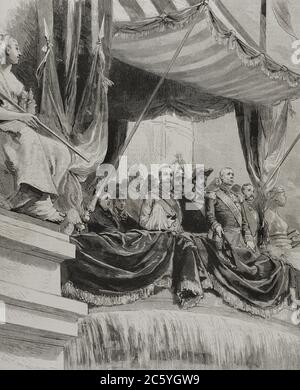 Historia de Francia. Siglo XIX. Exposición Universal de París,1878. Apertura de la Exposición de París el día 1 de Mayo de 1878. El mariscal Mac-Mahon declara abierto el grandioso concurso, desde la tribuna del Palacio del Trocadero. Grabado. La Ilustración Española y Americana,1878. Stockfoto