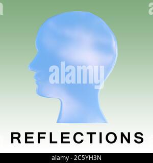 3D-Darstellung der Kopfsilhouette mit den TEXTREFLEXIONEN, isoliert über grünem Verlauf. Stockfoto