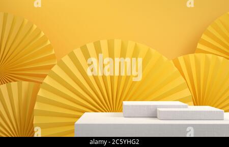 Yellow asia Thema Hintergrund mit Stoff Podium für Show-Produkte oder Kosmetik-Beauty-Kollektion, 3d-Illustration. Stockfoto