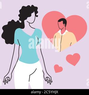 Frau im Zweifel denkt an Mann in der Liebe, Mann in der Gedanken Blase Vektor Illustration Design Stock Vektor