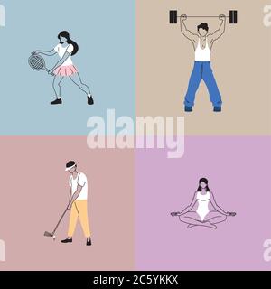 Set von Karten mit Menschen in sportlichen Aktivitäten Vektor Illustration Design Stock Vektor