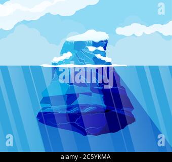 Großer Eisberg und Meer. Eis im Meer. Blauer Himmel mit Wolken. Nördlicher Natur Hintergrund. Vektorgrafik in flacher Form Stock Vektor