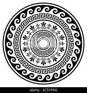 Griechischer Vektor Boho Mandala Design mit Schlüsselmuster, Blumen und Wellen, schwarzes Yoga Muster in schwarz auf weißem Hintergrund Stock Vektor
