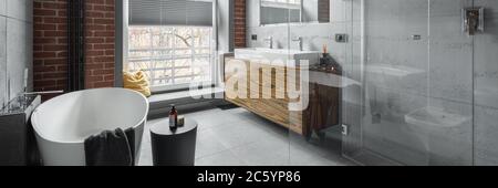 Badezimmer im Industriestil mit ovaler Badewanne und begehbarer Dusche, Panorama Stockfoto