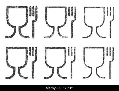 Lebensmittelecht Vektor Symbol Zeichen. Lebensmitteltaugliches Material Weinglas und Gabel Symbol Logo. Vektorgrafik. Isoliert auf weißem Hintergrund. Stock Vektor