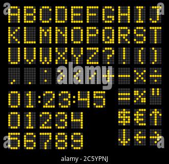 LED-Digitalalphabet. Schwarze elektronische Zahlen und Alphabet Digitalanzeige, Buchstaben und Symbole. Vektor flach Stil Cartoon Illustration. Isoliert ein Stock Vektor