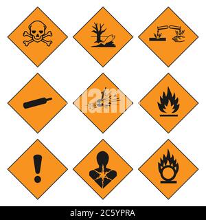 GHS-Piktogramm Warnschild-Set. Isoliert auf weißem Hintergrund. Gefährliche Symbole sammeln. Vektorgrafik. Stock Vektor