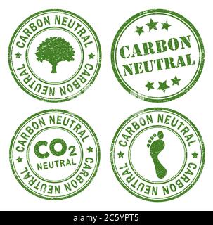 Carbon neutral grün rund Retro-Stil Grunge Dichtung Set. Vektorgrafik. Isoliert auf weißem Hintergrund. Klimawandel Tinte Gummi Stempel. Eco, Stock Vektor
