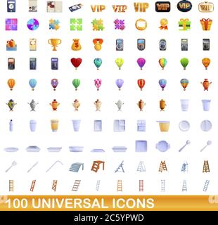 100 universelle Symbole gesetzt. Cartoon Illustration von 100 universelle Symbole Vektor auf weißem Hintergrund einstellen Stock Vektor
