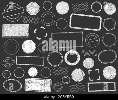 Stempelrahmen Vektorsymbol Formsatz. Stempel Grunge Tinte Gummietiketten Zeichen Kollektion. Isoliert auf weißem Hintergrund. Schwarzer Rand mit runden und quadratischen Stempeln Stock Vektor