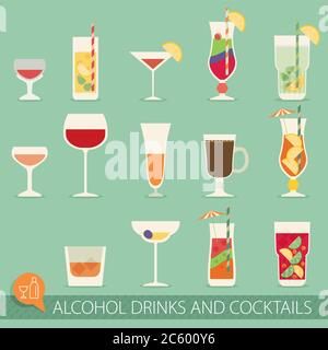 Die Symbole für alkoholische Getränke und Cocktails sind in flachem Design gehalten. Stock Vektor