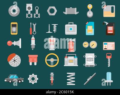 Flache Vektor-Icons und Illustrationen Reparatur von Maschinen und Anlagen. Stock Vektor