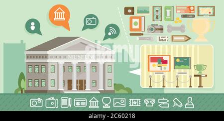 Museum Ikonen mit Gebäude gesetzt. Vektor flach. Stock Vektor